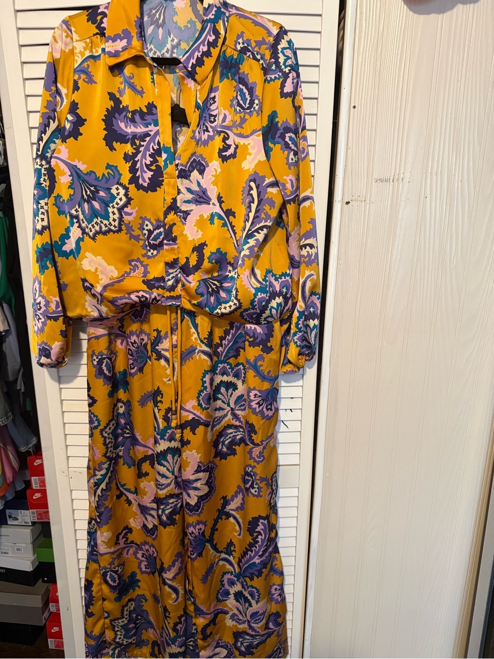 Mustard Floral Button-Front Wide-Leg two-piece set